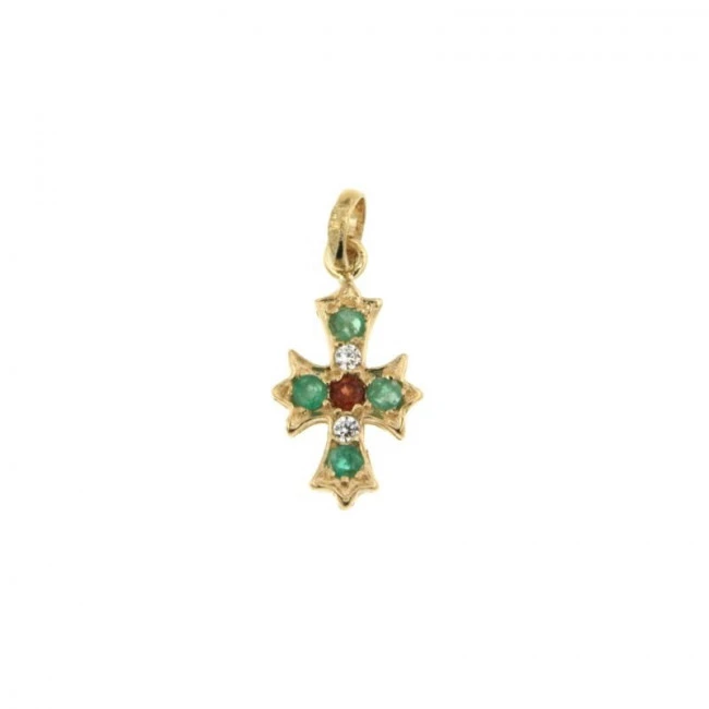 Pendentif CROIX BAROQUE 4 Emeraudes & Rubis Or 375°°° 3 Pendentif CROIX BAROQUE 4 Emeraudes & Rubis Or 375°°°