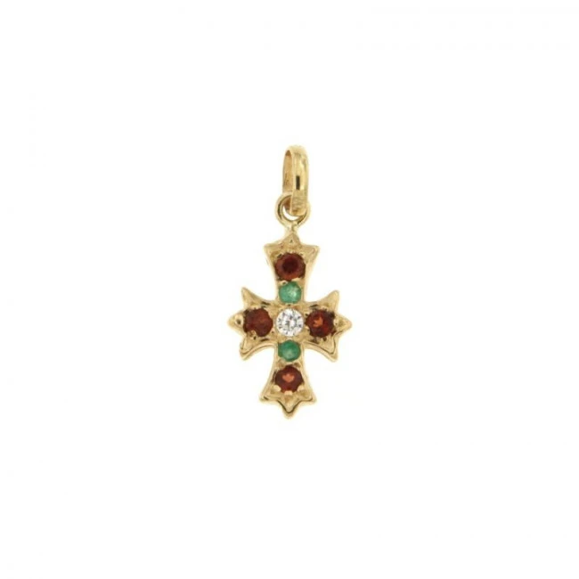 Pendentif CROIX BAROQUE 4 Rubis & Emeraude Or 375°°° 3 Pendentif CROIX BAROQUE 4 Rubis & Emeraude Or 375°°°